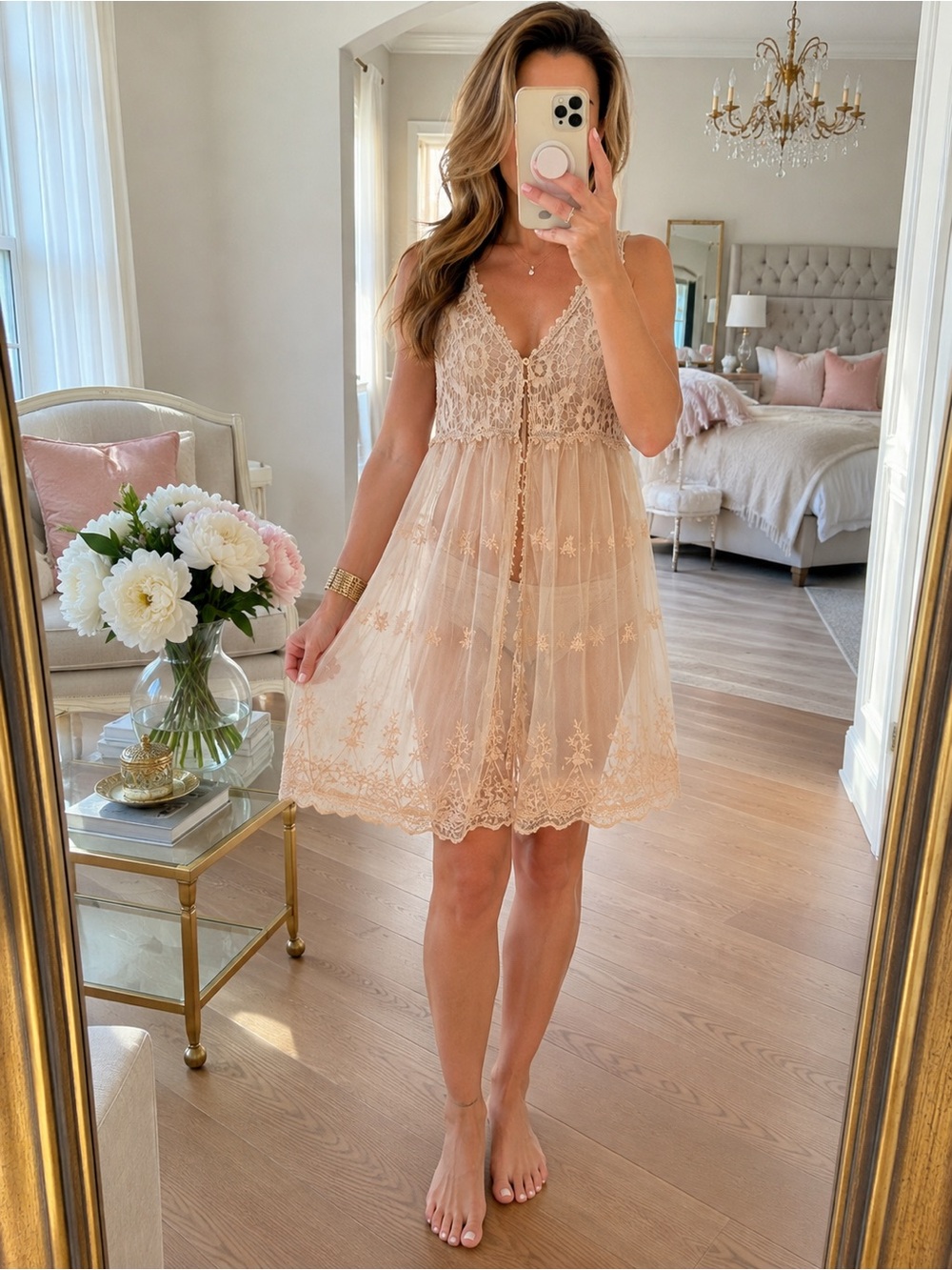 Cecico Sheer Lace Babydoll Chemise in Blush